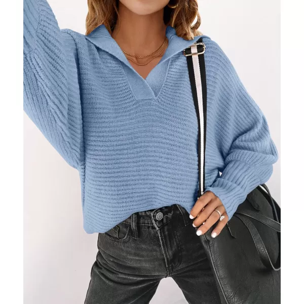 imageZESICA Womens 2023 Fall Lapel Collar V Neck Long Sleeve Ribbed Knit Comfy Loose Casual Pullover Sweater Jumper TopLightblue