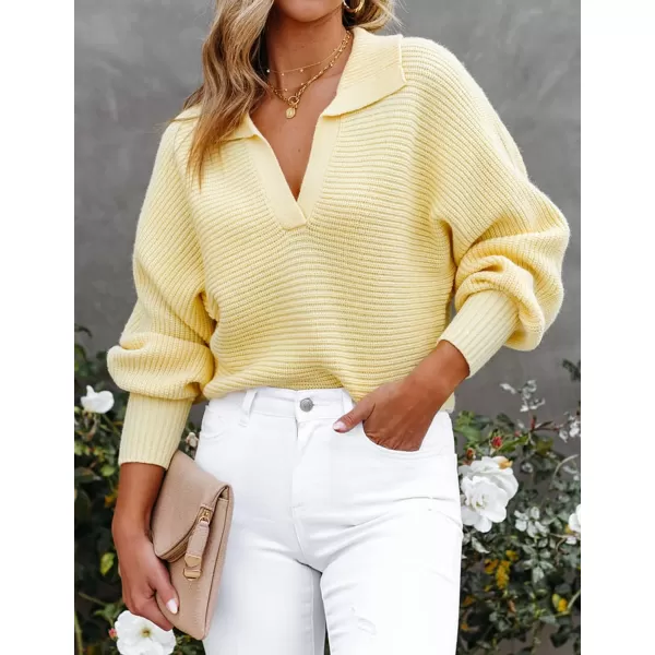 imageZESICA Womens 2023 Fall Lapel Collar V Neck Long Sleeve Ribbed Knit Comfy Loose Casual Pullover Sweater Jumper TopLightyellow