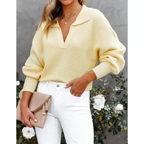 imageZESICA Womens 2023 Fall Lapel Collar V Neck Long Sleeve Ribbed Knit Comfy Loose Casual Pullover Sweater Jumper TopLightyellow
