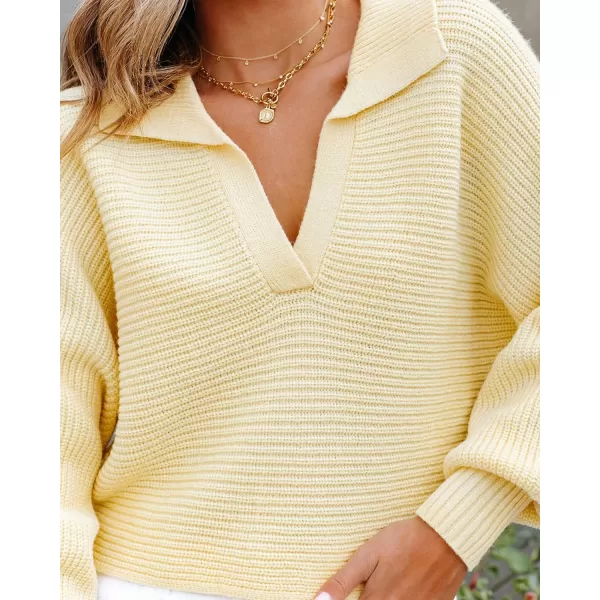 imageZESICA Womens 2023 Fall Lapel Collar V Neck Long Sleeve Ribbed Knit Comfy Loose Casual Pullover Sweater Jumper TopLightyellow