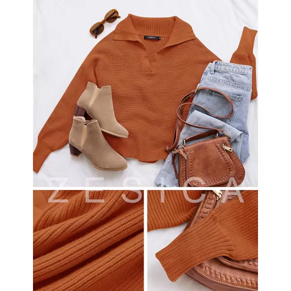 imageZESICA Womens 2023 Fall Lapel Collar V Neck Long Sleeve Ribbed Knit Comfy Loose Casual Pullover Sweater Jumper TopMaple