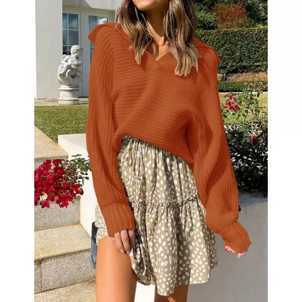 imageZESICA Womens 2023 Fall Lapel Collar V Neck Long Sleeve Ribbed Knit Comfy Loose Casual Pullover Sweater Jumper TopMaple
