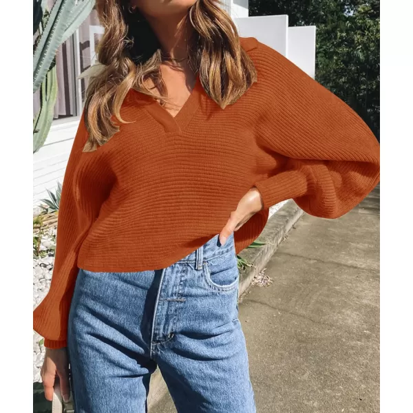 imageZESICA Womens 2023 Fall Lapel Collar V Neck Long Sleeve Ribbed Knit Comfy Loose Casual Pullover Sweater Jumper TopMaple
