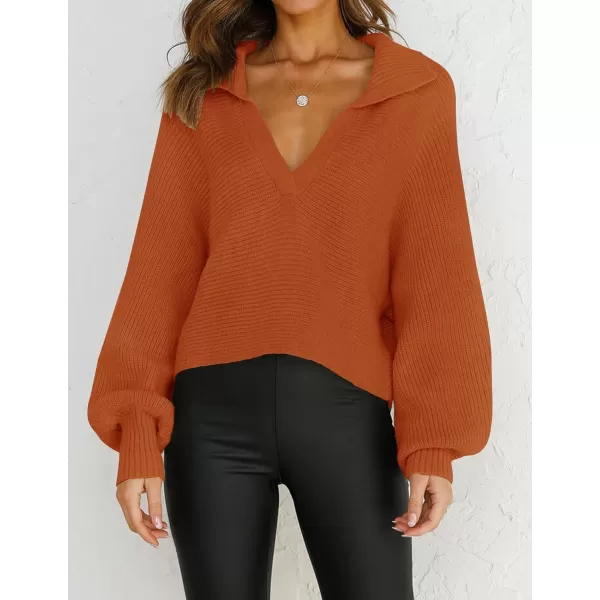 imageZESICA Womens 2023 Fall Lapel Collar V Neck Long Sleeve Ribbed Knit Comfy Loose Casual Pullover Sweater Jumper TopMaple
