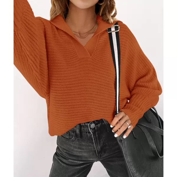 imageZESICA Womens 2023 Fall Lapel Collar V Neck Long Sleeve Ribbed Knit Comfy Loose Casual Pullover Sweater Jumper TopMaple