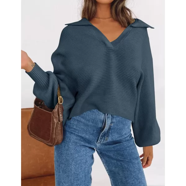 imageZESICA Womens 2023 Fall Lapel Collar V Neck Long Sleeve Ribbed Knit Comfy Loose Casual Pullover Sweater Jumper TopNavy