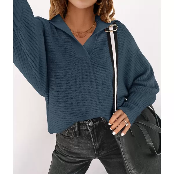imageZESICA Womens 2023 Fall Lapel Collar V Neck Long Sleeve Ribbed Knit Comfy Loose Casual Pullover Sweater Jumper TopNavy
