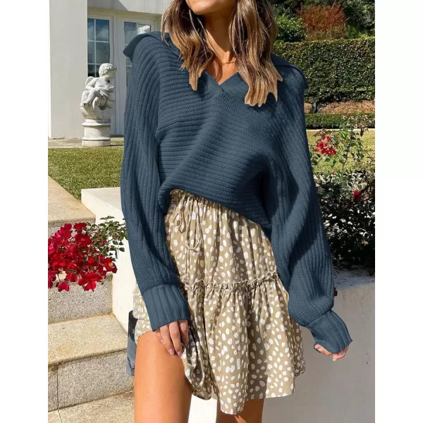 imageZESICA Womens 2023 Fall Lapel Collar V Neck Long Sleeve Ribbed Knit Comfy Loose Casual Pullover Sweater Jumper TopNavy