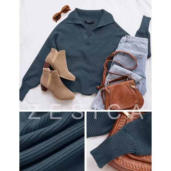 imageZESICA Womens 2023 Fall Lapel Collar V Neck Long Sleeve Ribbed Knit Comfy Loose Casual Pullover Sweater Jumper TopNavy