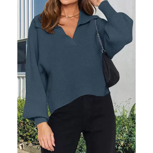 imageZESICA Womens 2023 Fall Lapel Collar V Neck Long Sleeve Ribbed Knit Comfy Loose Casual Pullover Sweater Jumper TopNavy