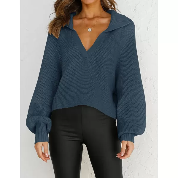 imageZESICA Womens 2023 Fall Lapel Collar V Neck Long Sleeve Ribbed Knit Comfy Loose Casual Pullover Sweater Jumper TopNavy