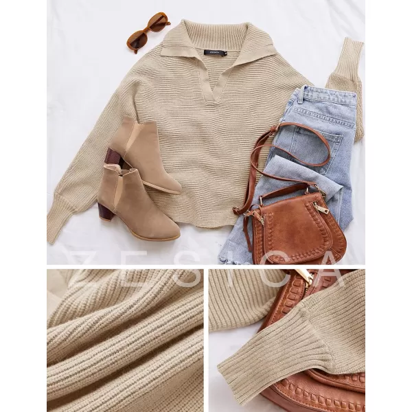 imageZESICA Womens 2023 Fall Lapel Collar V Neck Long Sleeve Ribbed Knit Comfy Loose Casual Pullover Sweater Jumper TopOatmeal