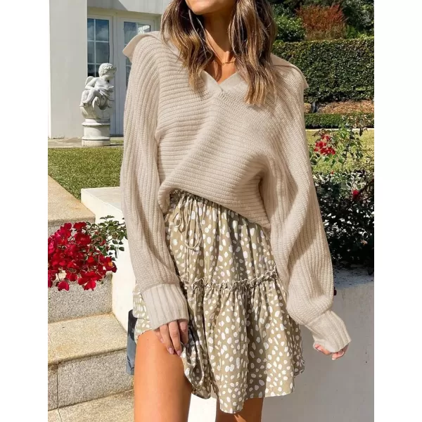imageZESICA Womens 2023 Fall Lapel Collar V Neck Long Sleeve Ribbed Knit Comfy Loose Casual Pullover Sweater Jumper TopOatmeal