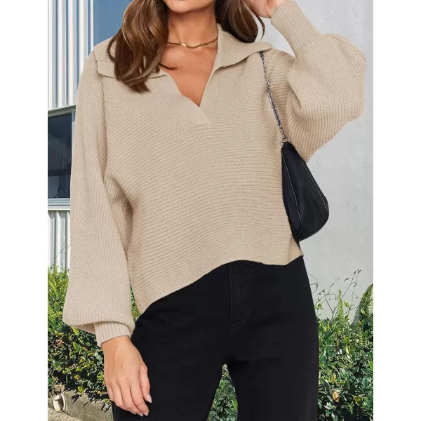 imageZESICA Womens 2023 Fall Lapel Collar V Neck Long Sleeve Ribbed Knit Comfy Loose Casual Pullover Sweater Jumper TopOatmeal