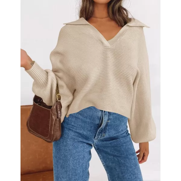imageZESICA Womens 2023 Fall Lapel Collar V Neck Long Sleeve Ribbed Knit Comfy Loose Casual Pullover Sweater Jumper TopOatmeal