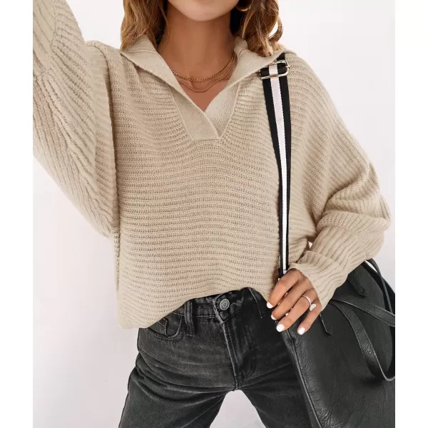imageZESICA Womens 2023 Fall Lapel Collar V Neck Long Sleeve Ribbed Knit Comfy Loose Casual Pullover Sweater Jumper TopOatmeal