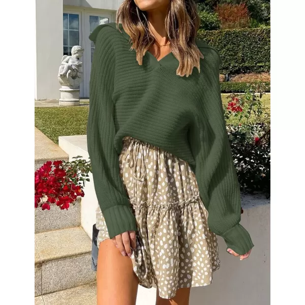 imageZESICA Womens 2023 Fall Lapel Collar V Neck Long Sleeve Ribbed Knit Comfy Loose Casual Pullover Sweater Jumper TopOlive