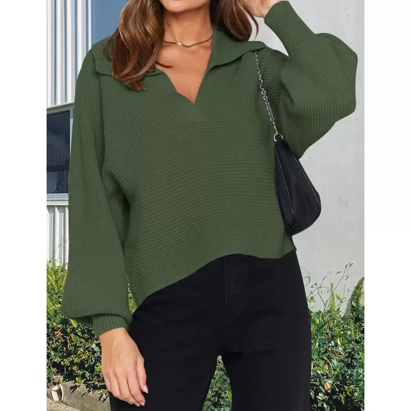 imageZESICA Womens 2023 Fall Lapel Collar V Neck Long Sleeve Ribbed Knit Comfy Loose Casual Pullover Sweater Jumper TopOlive