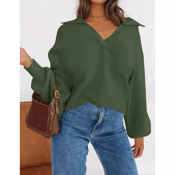 imageZESICA Womens 2023 Fall Lapel Collar V Neck Long Sleeve Ribbed Knit Comfy Loose Casual Pullover Sweater Jumper TopOlive
