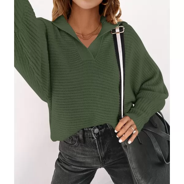 imageZESICA Womens 2023 Fall Lapel Collar V Neck Long Sleeve Ribbed Knit Comfy Loose Casual Pullover Sweater Jumper TopOlive
