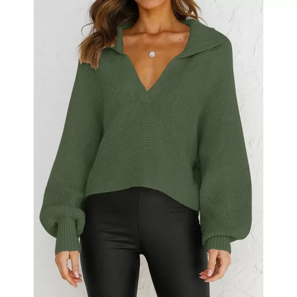 imageZESICA Womens 2023 Fall Lapel Collar V Neck Long Sleeve Ribbed Knit Comfy Loose Casual Pullover Sweater Jumper TopOlive
