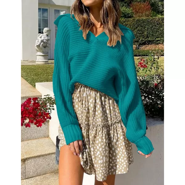 imageZESICA Womens 2023 Fall Lapel Collar V Neck Long Sleeve Ribbed Knit Comfy Loose Casual Pullover Sweater Jumper TopPeacock