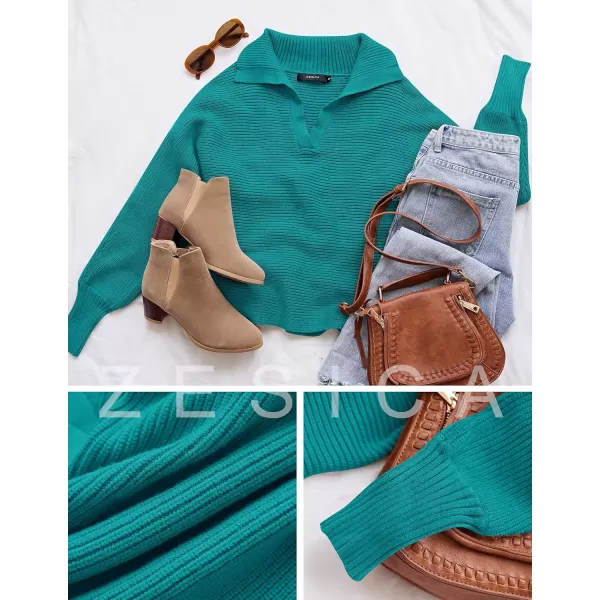 imageZESICA Womens 2023 Fall Lapel Collar V Neck Long Sleeve Ribbed Knit Comfy Loose Casual Pullover Sweater Jumper TopPeacock