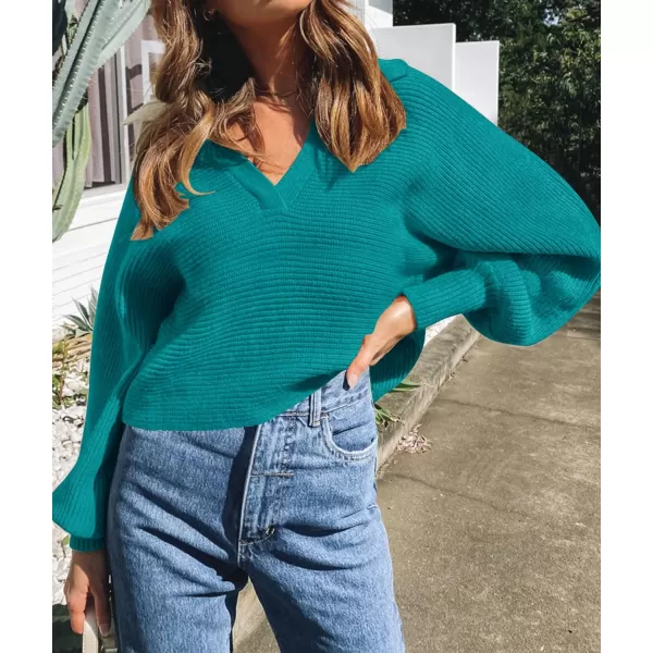 imageZESICA Womens 2023 Fall Lapel Collar V Neck Long Sleeve Ribbed Knit Comfy Loose Casual Pullover Sweater Jumper TopPeacock