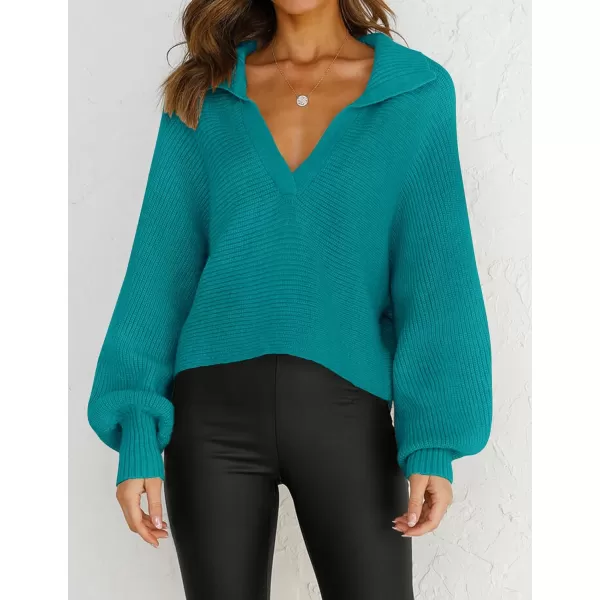 imageZESICA Womens 2023 Fall Lapel Collar V Neck Long Sleeve Ribbed Knit Comfy Loose Casual Pullover Sweater Jumper TopPeacock