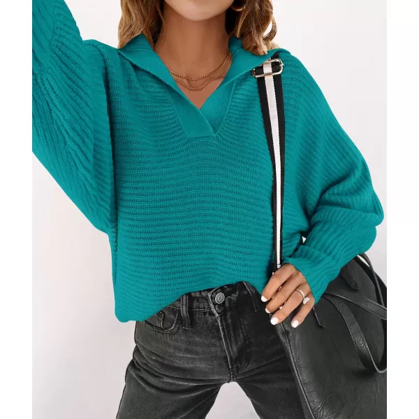 imageZESICA Womens 2023 Fall Lapel Collar V Neck Long Sleeve Ribbed Knit Comfy Loose Casual Pullover Sweater Jumper TopPeacock