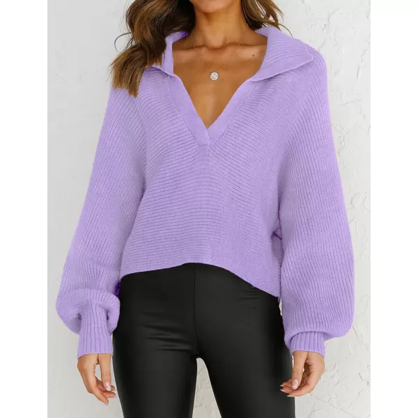 imageZESICA Womens 2023 Fall Lapel Collar V Neck Long Sleeve Ribbed Knit Comfy Loose Casual Pullover Sweater Jumper TopPurple