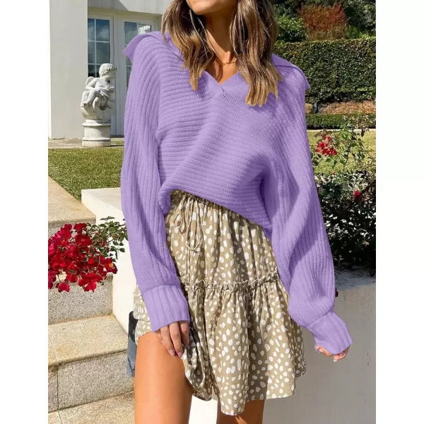 imageZESICA Womens 2023 Fall Lapel Collar V Neck Long Sleeve Ribbed Knit Comfy Loose Casual Pullover Sweater Jumper TopPurple