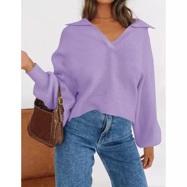 imageZESICA Womens 2023 Fall Lapel Collar V Neck Long Sleeve Ribbed Knit Comfy Loose Casual Pullover Sweater Jumper TopPurple