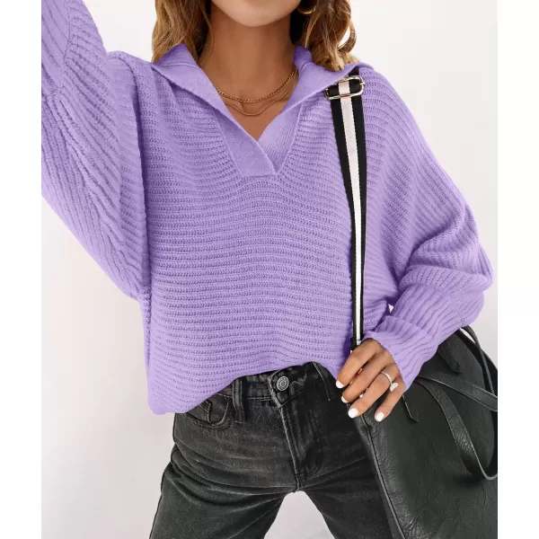 imageZESICA Womens 2023 Fall Lapel Collar V Neck Long Sleeve Ribbed Knit Comfy Loose Casual Pullover Sweater Jumper TopPurple