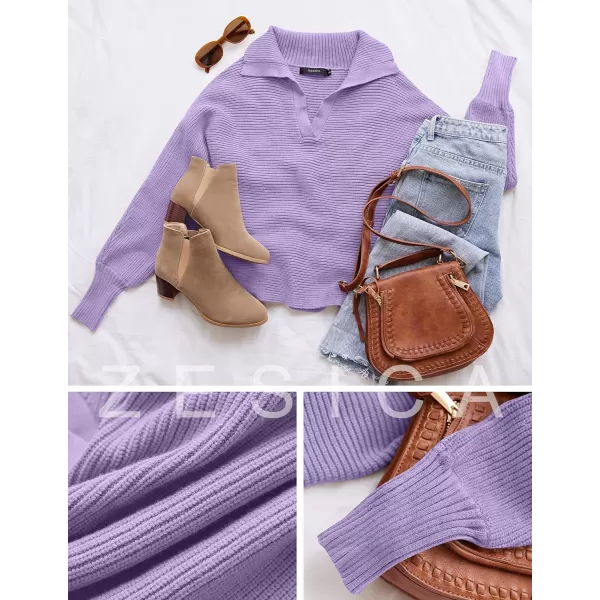 imageZESICA Womens 2023 Fall Lapel Collar V Neck Long Sleeve Ribbed Knit Comfy Loose Casual Pullover Sweater Jumper TopPurple