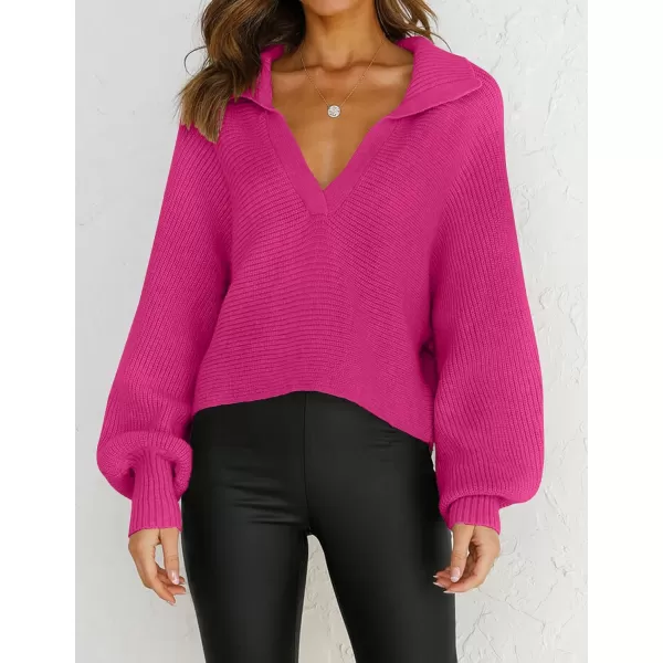 imageZESICA Womens 2023 Fall Lapel Collar V Neck Long Sleeve Ribbed Knit Comfy Loose Casual Pullover Sweater Jumper TopRose