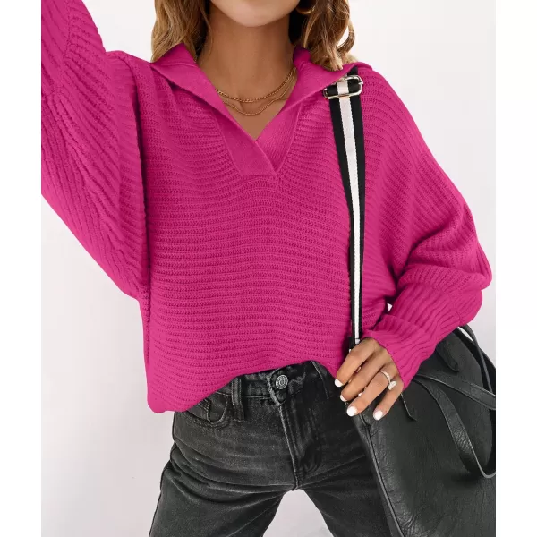 imageZESICA Womens 2023 Fall Lapel Collar V Neck Long Sleeve Ribbed Knit Comfy Loose Casual Pullover Sweater Jumper TopRose