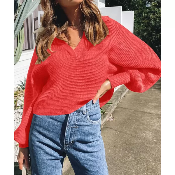 imageZESICA Womens 2023 Fall Lapel Collar V Neck Long Sleeve Ribbed Knit Comfy Loose Casual Pullover Sweater Jumper TopWatermelon