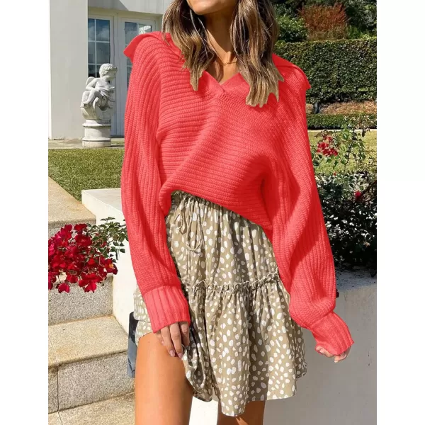 imageZESICA Womens 2023 Fall Lapel Collar V Neck Long Sleeve Ribbed Knit Comfy Loose Casual Pullover Sweater Jumper TopWatermelon