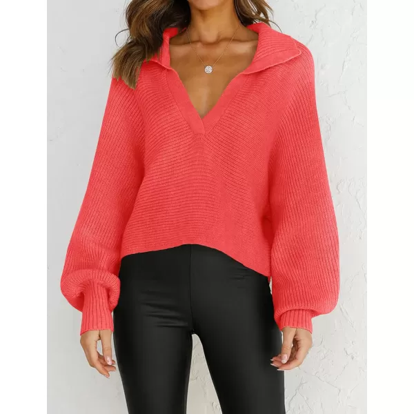 imageZESICA Womens 2023 Fall Lapel Collar V Neck Long Sleeve Ribbed Knit Comfy Loose Casual Pullover Sweater Jumper TopWatermelon