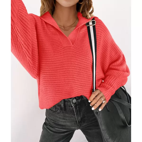 imageZESICA Womens 2023 Fall Lapel Collar V Neck Long Sleeve Ribbed Knit Comfy Loose Casual Pullover Sweater Jumper TopWatermelon