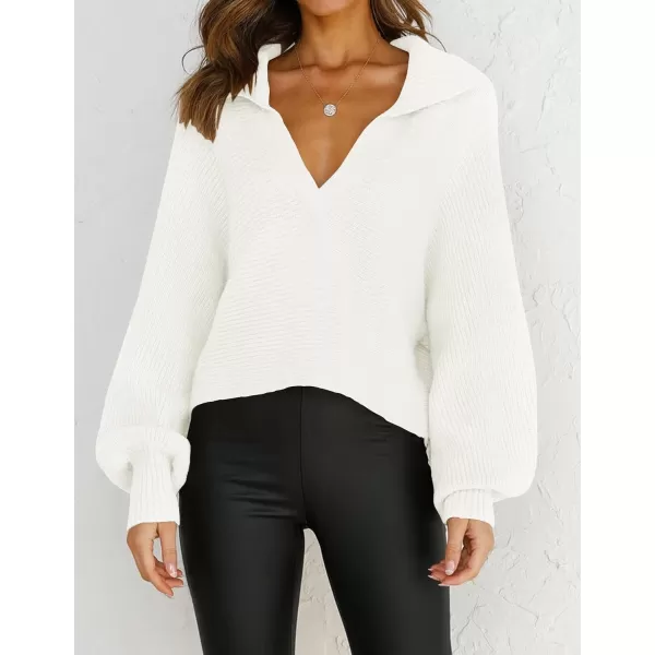 imageZESICA Womens 2023 Fall Lapel Collar V Neck Long Sleeve Ribbed Knit Comfy Loose Casual Pullover Sweater Jumper TopWhite