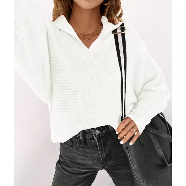 imageZESICA Womens 2023 Fall Lapel Collar V Neck Long Sleeve Ribbed Knit Comfy Loose Casual Pullover Sweater Jumper TopWhite