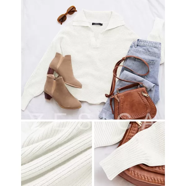 imageZESICA Womens 2023 Fall Lapel Collar V Neck Long Sleeve Ribbed Knit Comfy Loose Casual Pullover Sweater Jumper TopWhite