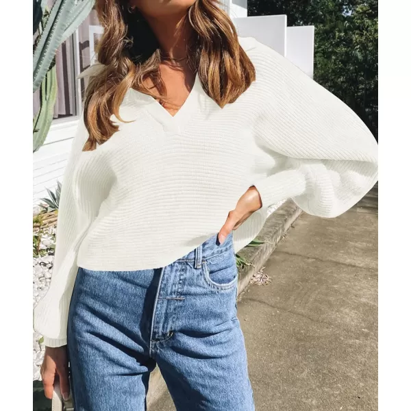 imageZESICA Womens 2023 Fall Lapel Collar V Neck Long Sleeve Ribbed Knit Comfy Loose Casual Pullover Sweater Jumper TopWhite