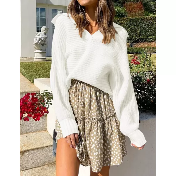 imageZESICA Womens 2023 Fall Lapel Collar V Neck Long Sleeve Ribbed Knit Comfy Loose Casual Pullover Sweater Jumper TopWhite