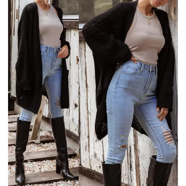 imageZESICA Womens 2023 Fall Long Batwing Sleeve Open Front Chunky Knit Cardigan SweaterBampblack