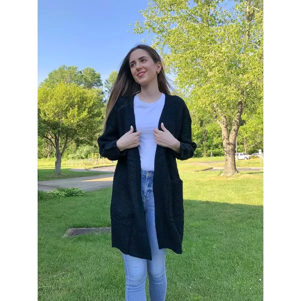 imageZESICA Womens 2023 Fall Long Batwing Sleeve Open Front Chunky Knit Cardigan SweaterBampblack