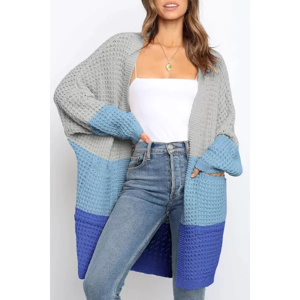 imageZESICA Womens 2023 Fall Long Batwing Sleeve Open Front Chunky Knit Cardigan SweaterContrastblue