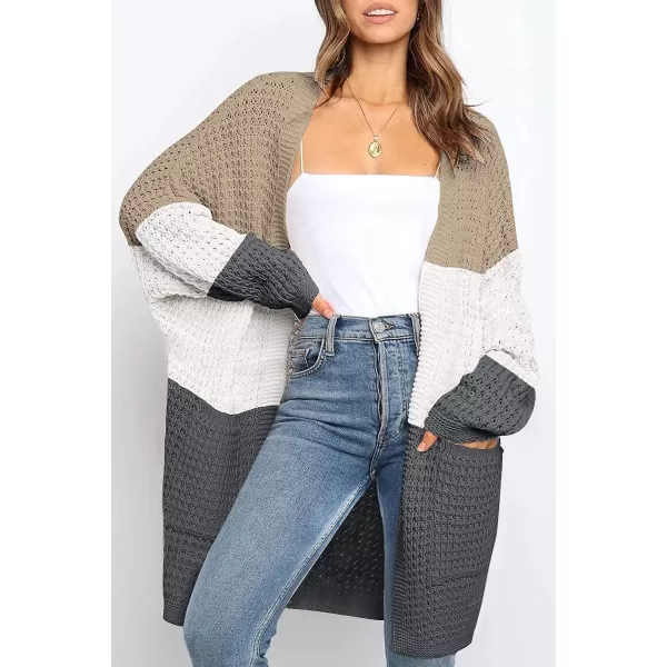 imageZESICA Womens 2023 Fall Long Batwing Sleeve Open Front Chunky Knit Cardigan SweaterContrastkhaki